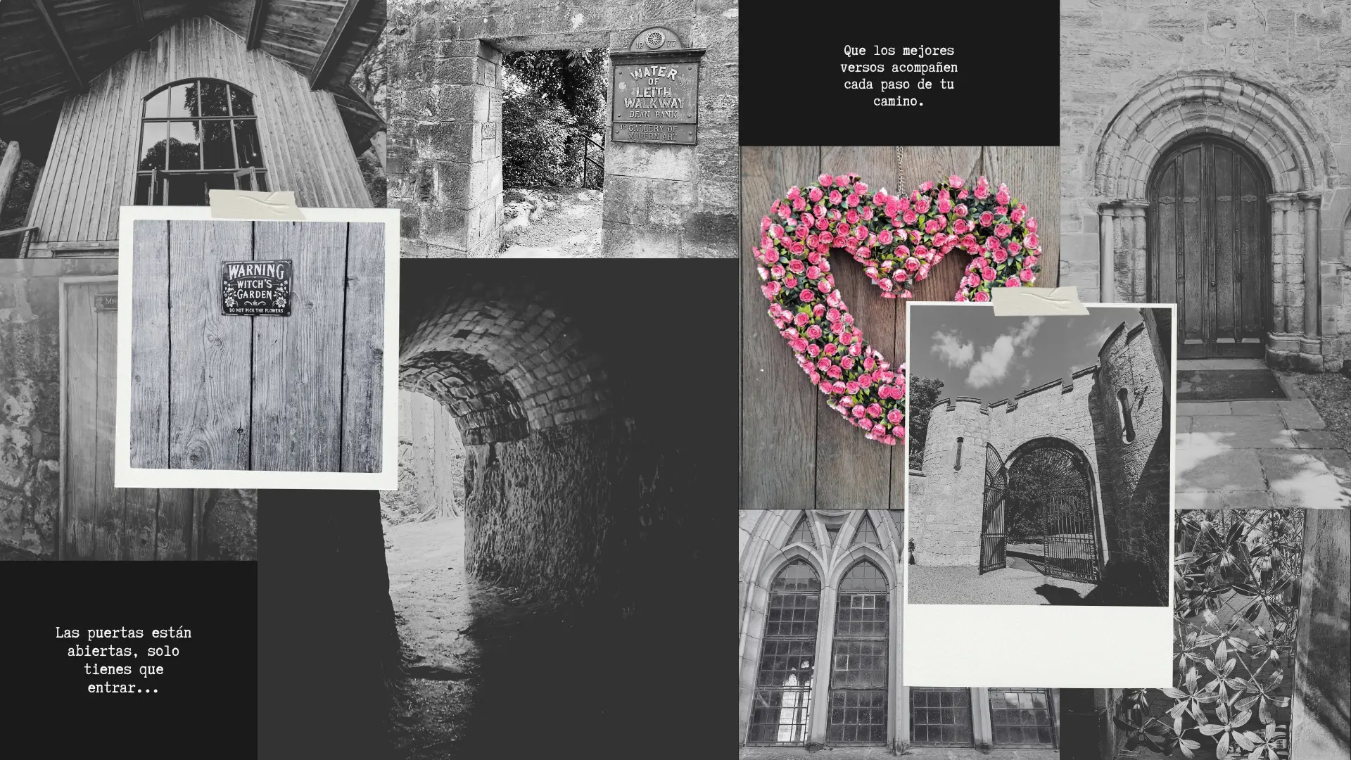 Imagen de portada a modo de muro de fotos con puertas de diferentes sitios de Escocia, casi todas en blanco y negro